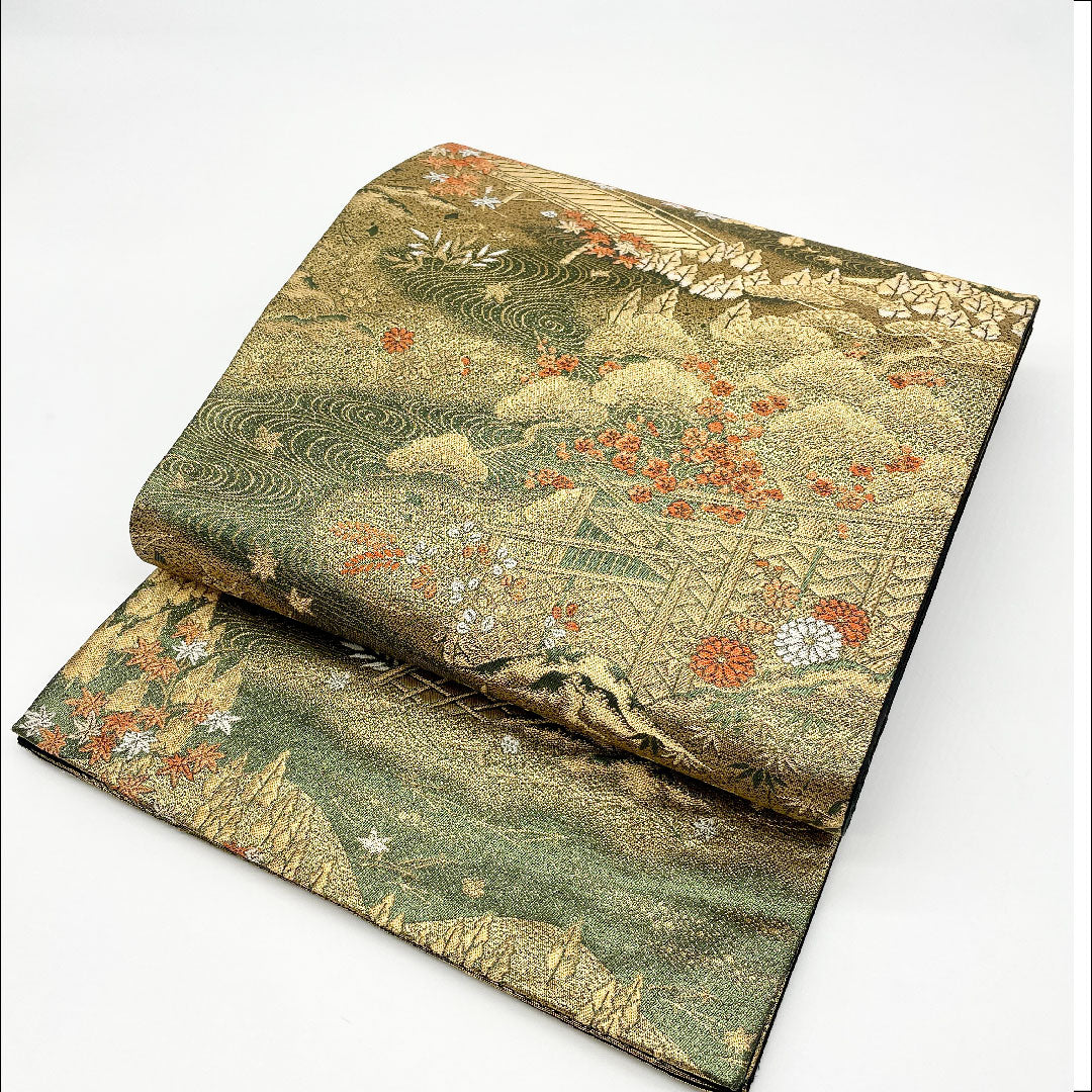 袋帯 風景画 帯丈424cm 正絹 Aランク 六通 フォーマル 緑系 1123000813319