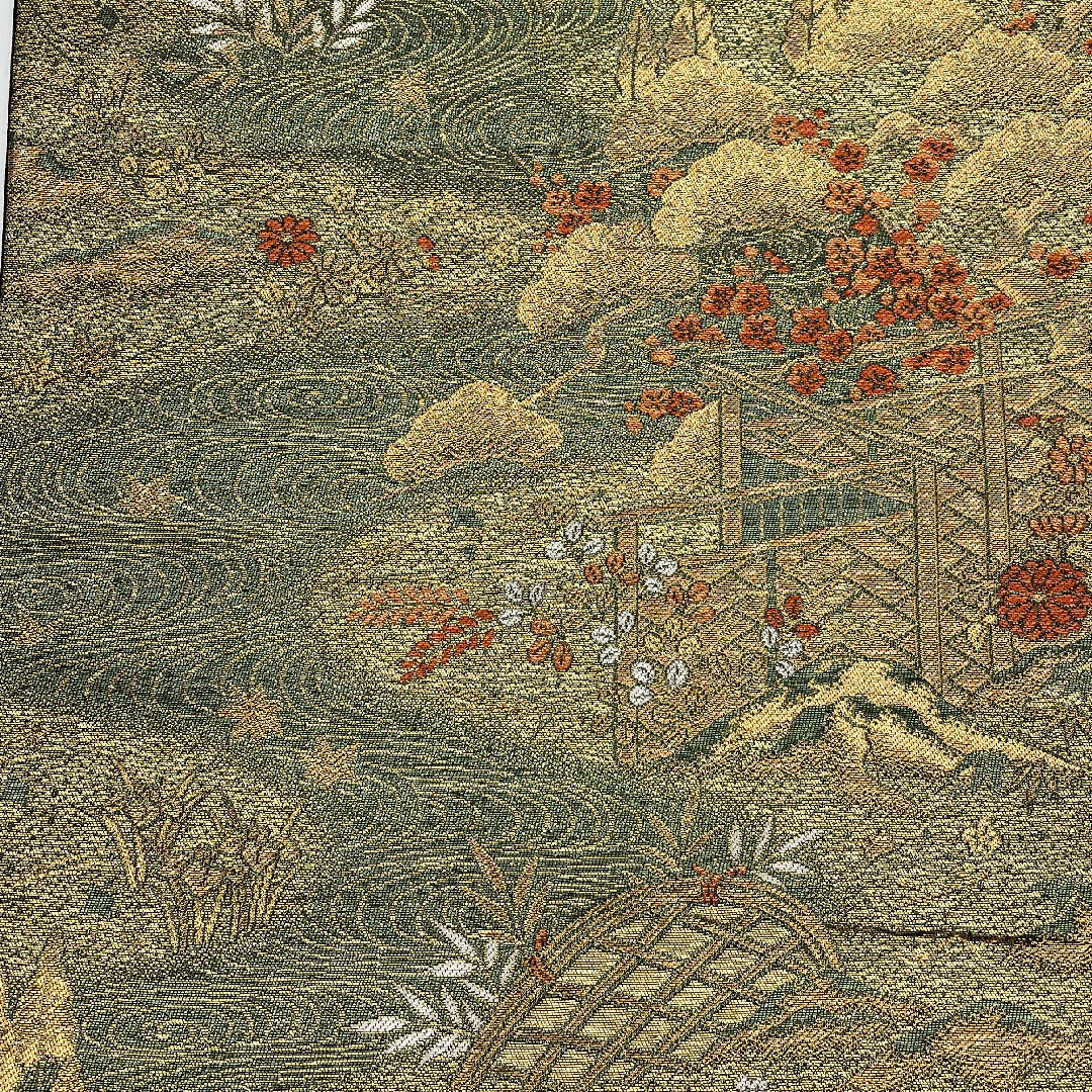袋帯 風景画 帯丈424cm 正絹 Aランク 六通 フォーマル 緑系 1123000813319
