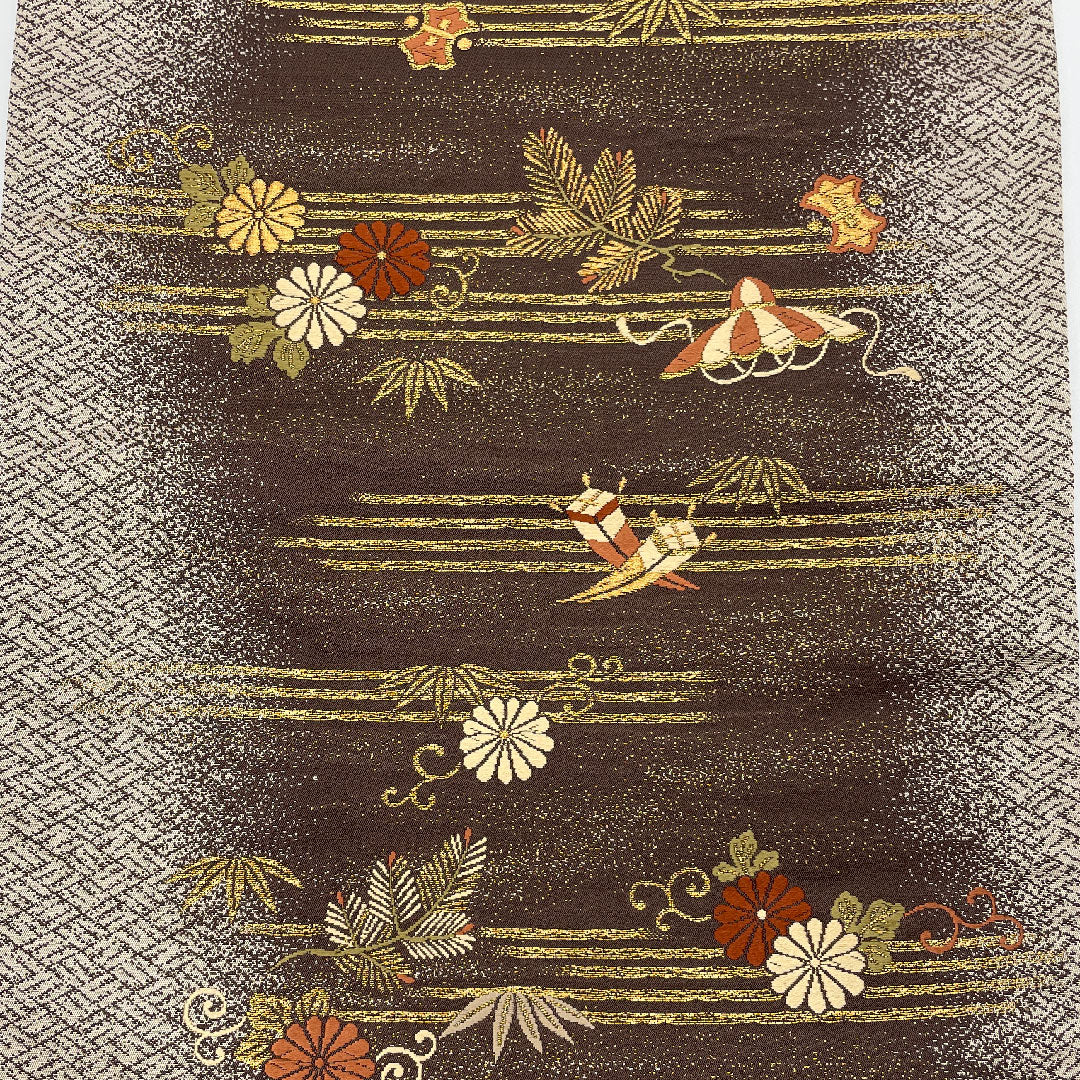 袋帯 吉祥文様 帯丈424cm 正絹 Sランク 六通 フォーマル 茶系 1123001002314