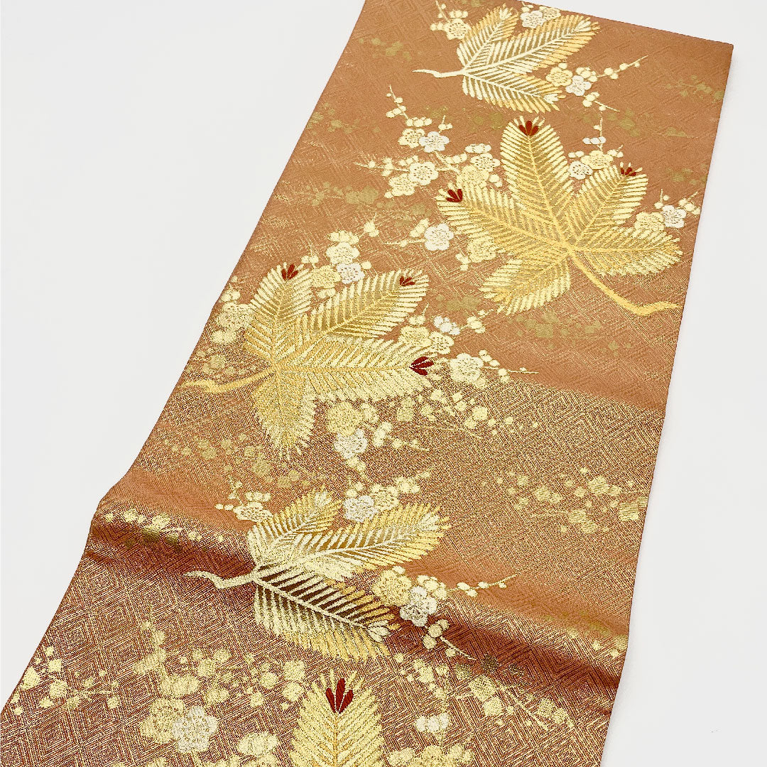 袋帯 朱金若松文 菱 帯丈455cm 正絹 Aランク 六通 フォーマル ピンク系 1123001153413