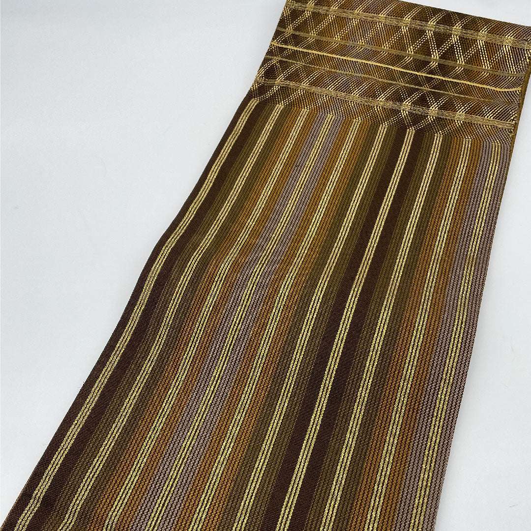 袋帯 組織り 幾何学模様 帯丈456cm 正絹 Sランク ポイント柄 セミフォーマル 茶系 1123000742414