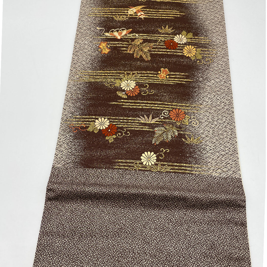 袋帯 吉祥文様 帯丈424cm 正絹 Sランク 六通 フォーマル 茶系 1123001002314