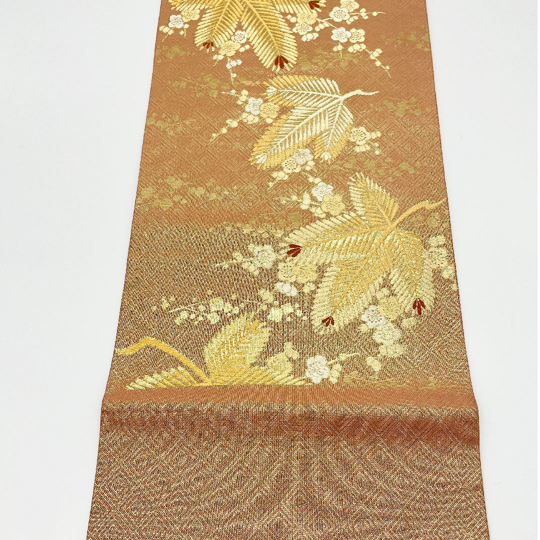 袋帯 朱金若松文 菱 帯丈455cm 正絹 Aランク 六通 フォーマル ピンク系 1123001153413