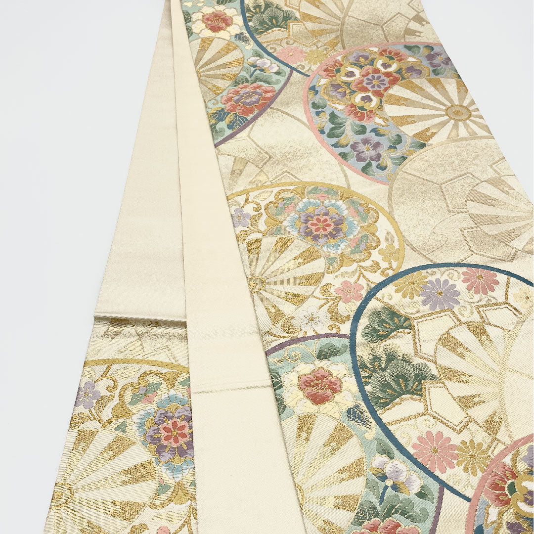 袋帯 本金箔 御車花詰華文 七宝 亀甲 帯丈436cm 正絹 Sランク 六通 フォーマル クリーム系 1123001082315