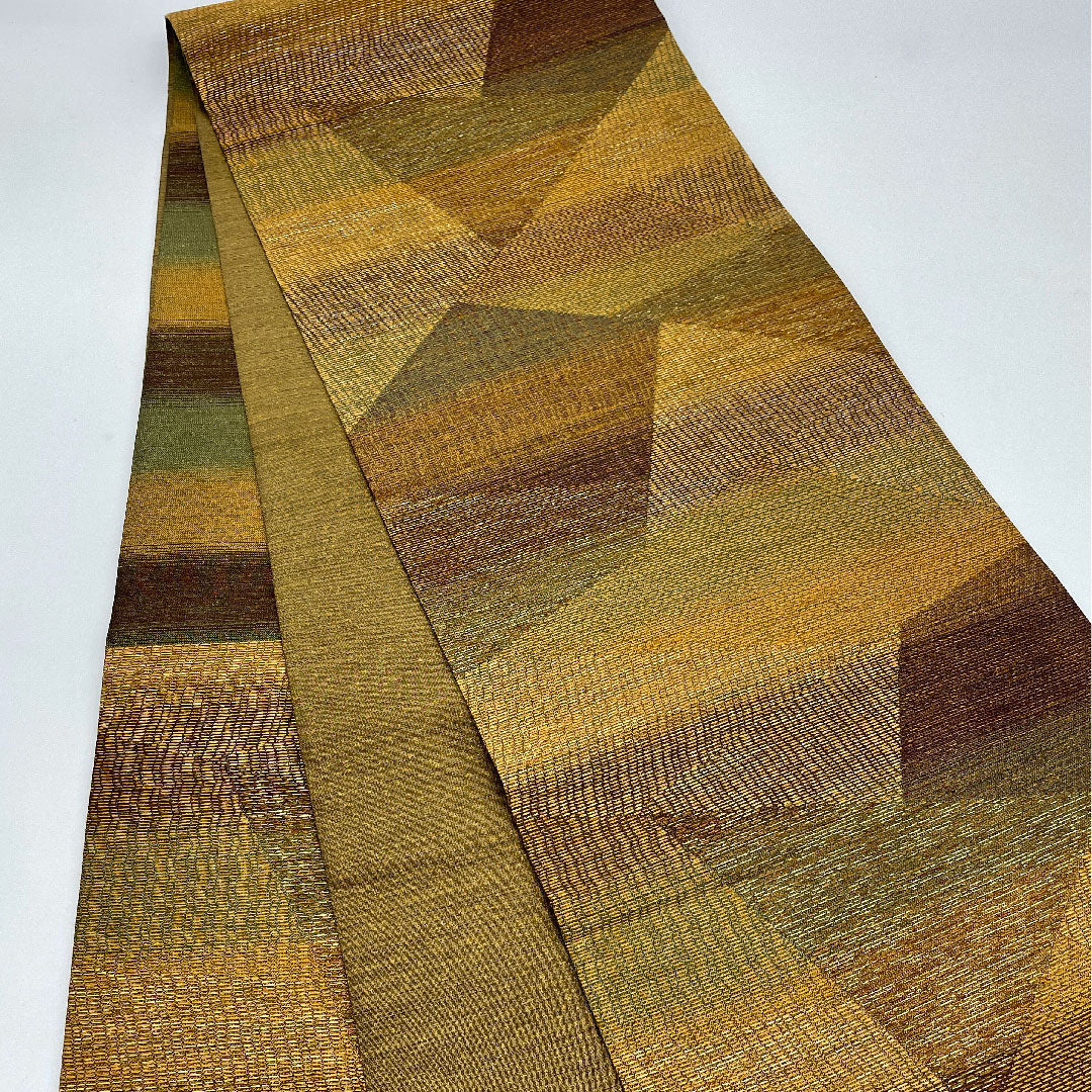 袋帯 幾何学模様 本泥染 帯丈430cm 正絹 Sランク 六通 セミフォーマル 茶系 1123001062314