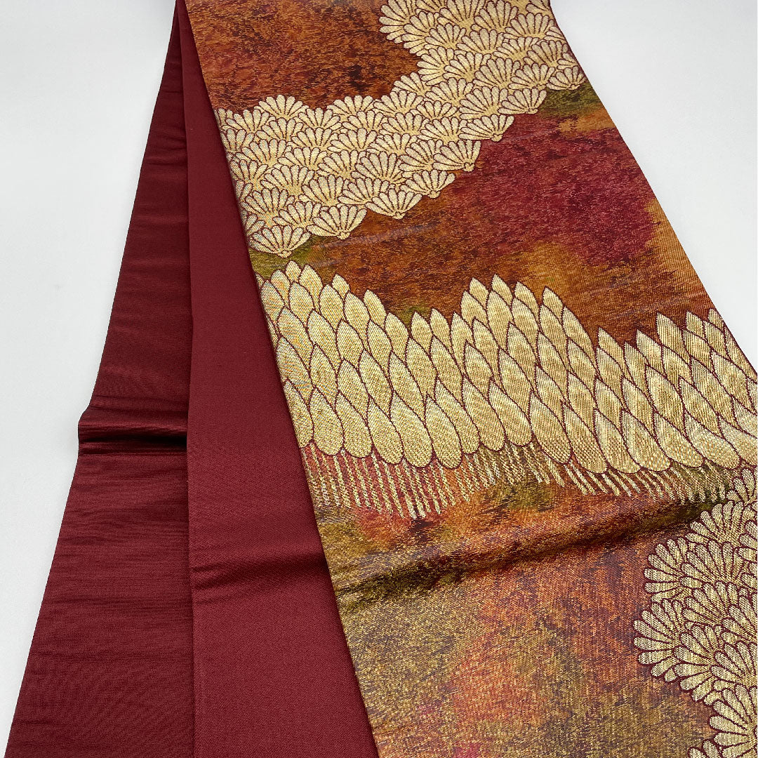 袋帯 風景画 引箔 帯丈417cm 正絹 Sランク 六通 フォーマル 茶系 1123000902314