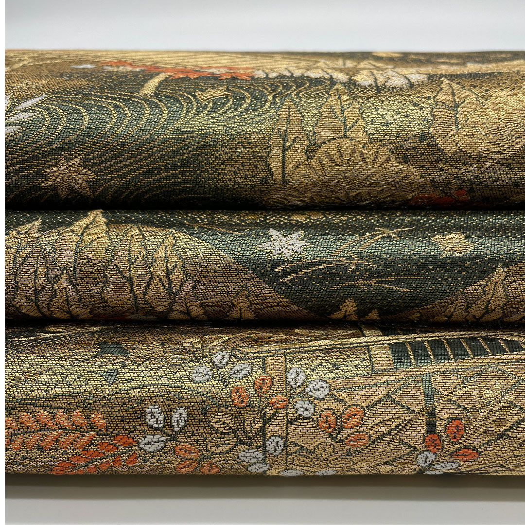 袋帯 風景画 帯丈424cm 正絹 Aランク 六通 フォーマル 緑系 1123000813319