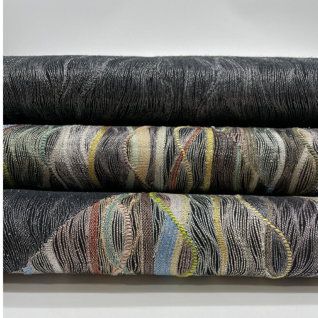 袋帯 幾何学模様 櫛織 全通 帯丈442cm 正絹 Sランク 全通 カジュアル 黒系 1123001072310