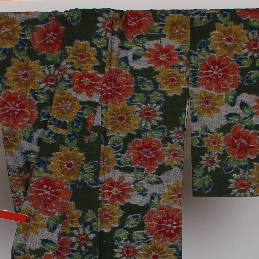 紬 身丈151.5cm 裄丈61.5cm 草花 正絹 美品 袷 濃緑 1116000153219