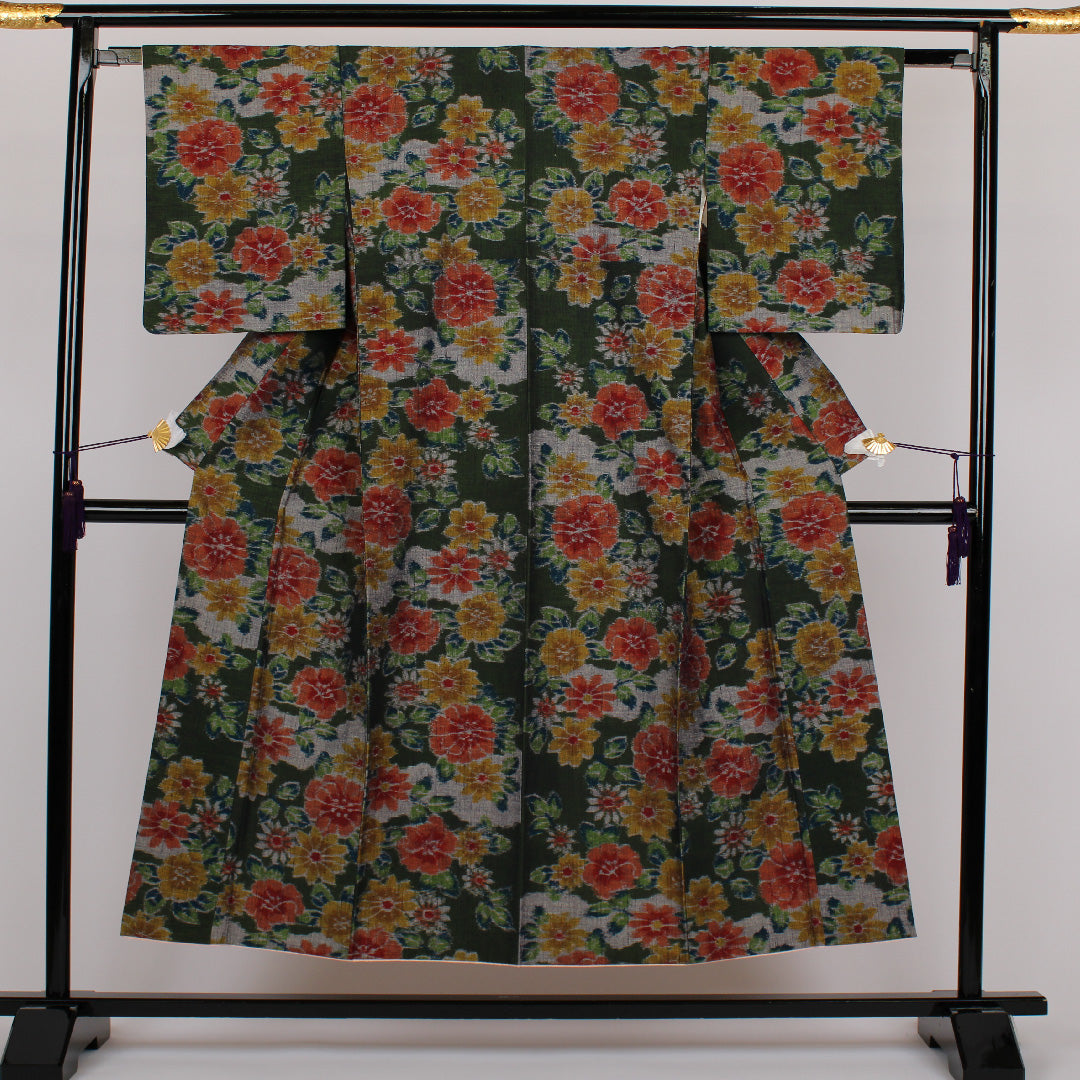 紬 身丈151.5cm 裄丈61.5cm 草花 正絹 美品 袷 濃緑 1116000153219