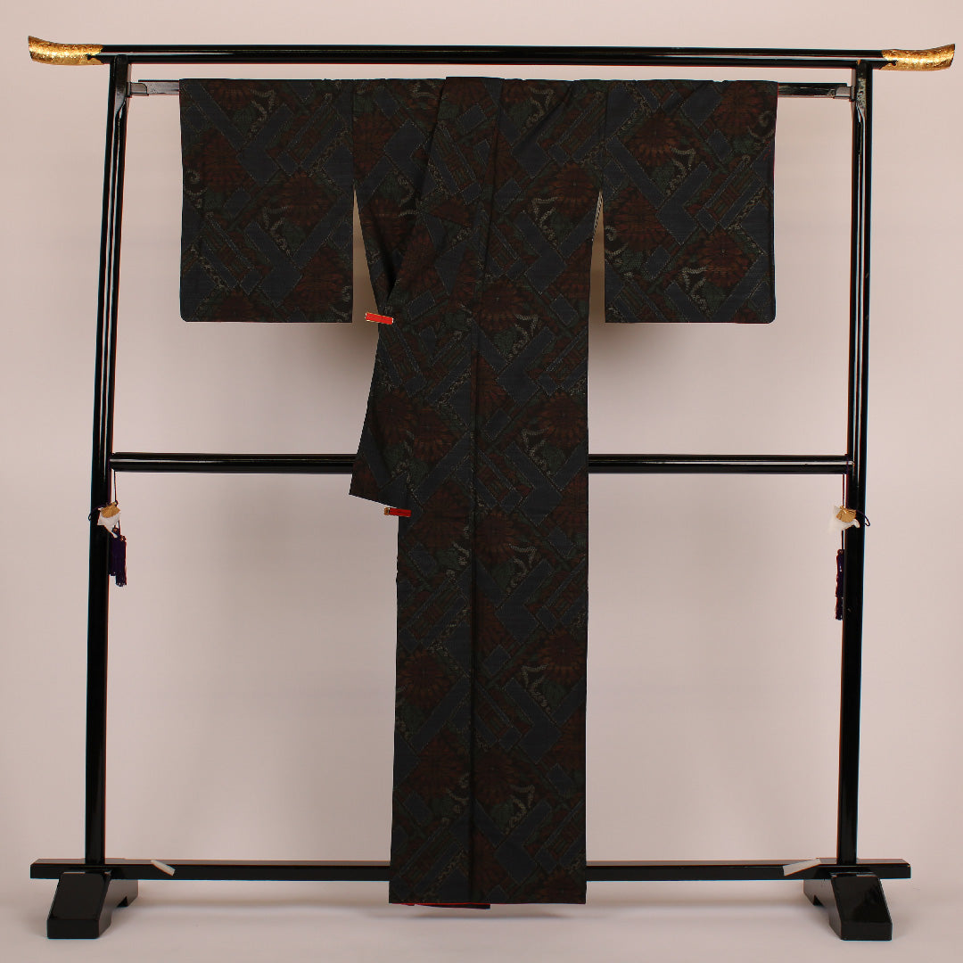 大島紬 身丈161.5cm 裄丈65cm 割付文様 正絹 美品 袷 紺系 1116000323318