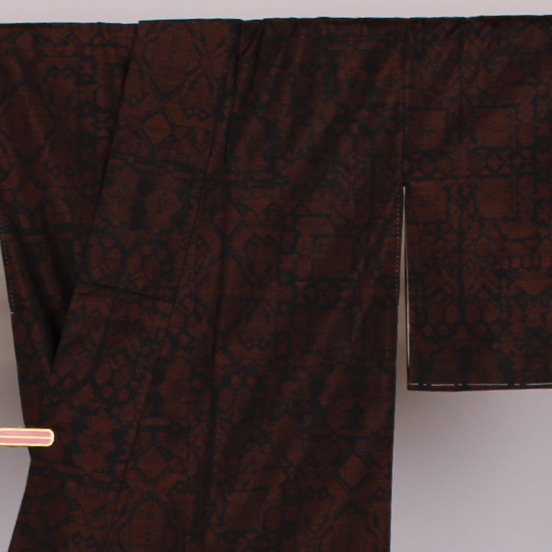 Oshima Tsumugi, Length 153cm, Sleeve length 63cm, Geometric, Pure silk, Excellent condition, Lined, Black, 1116000223210