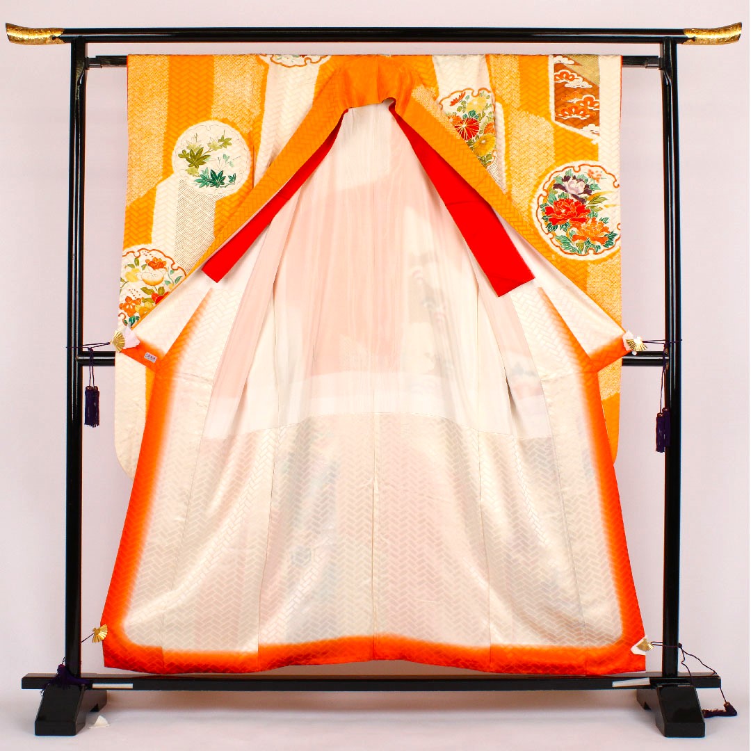 振袖 雪輪に草花 絞り 身丈156cm 裄丈62cm 正絹 Bランク  袷 黄系 1113000272323