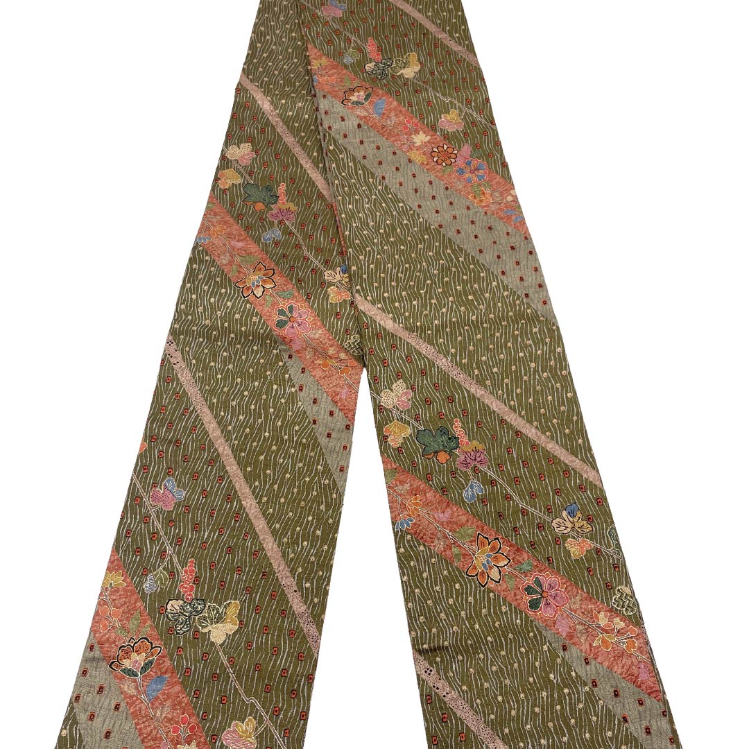 Han-haba Obi, Pure Silk, S Rank, Soot Color (Susuiro), Plants Pattern, Reversible, Obi Length 410cm, Brown Family, 1125002832414