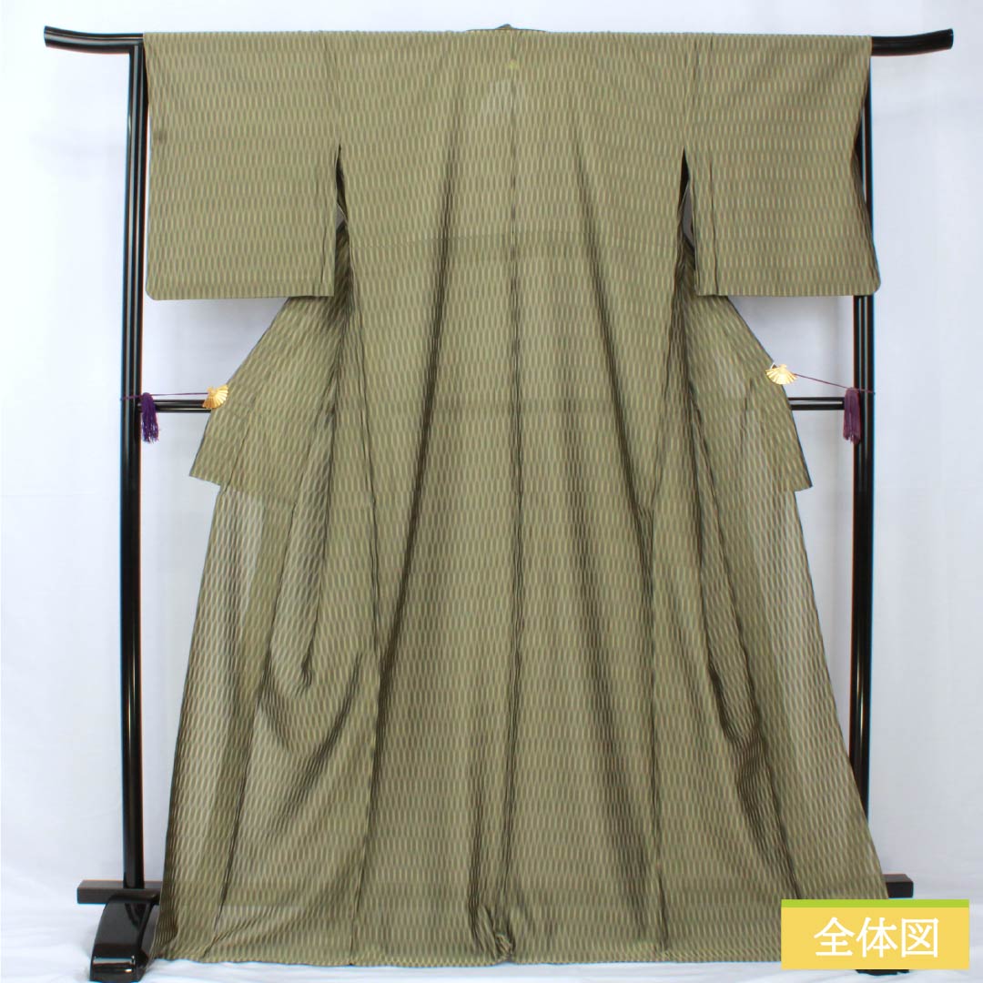夏物 正絹 紬 身丈172cm 裄丈67cm 鈍色（にびいろ） 関絹織物 薩摩透かし織 本場縞大島 紗 Aランク 緑系 1132001983619