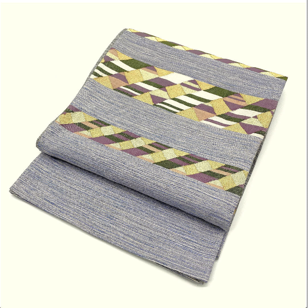 袋帯 横段 幾何学模様 帯丈454cm 正絹 Sランク ポイント柄 カジュアル 青系 1123003872417