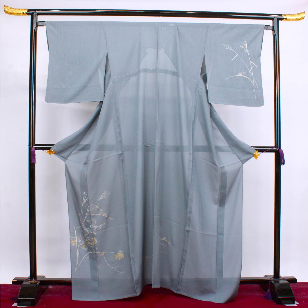 夏物 正絹 訪問着 身丈165cm 裄丈66.5cm 灰青色（はいあおいろ）鈴虫 ススキ 絽 Sランク グレー系 1132000052522