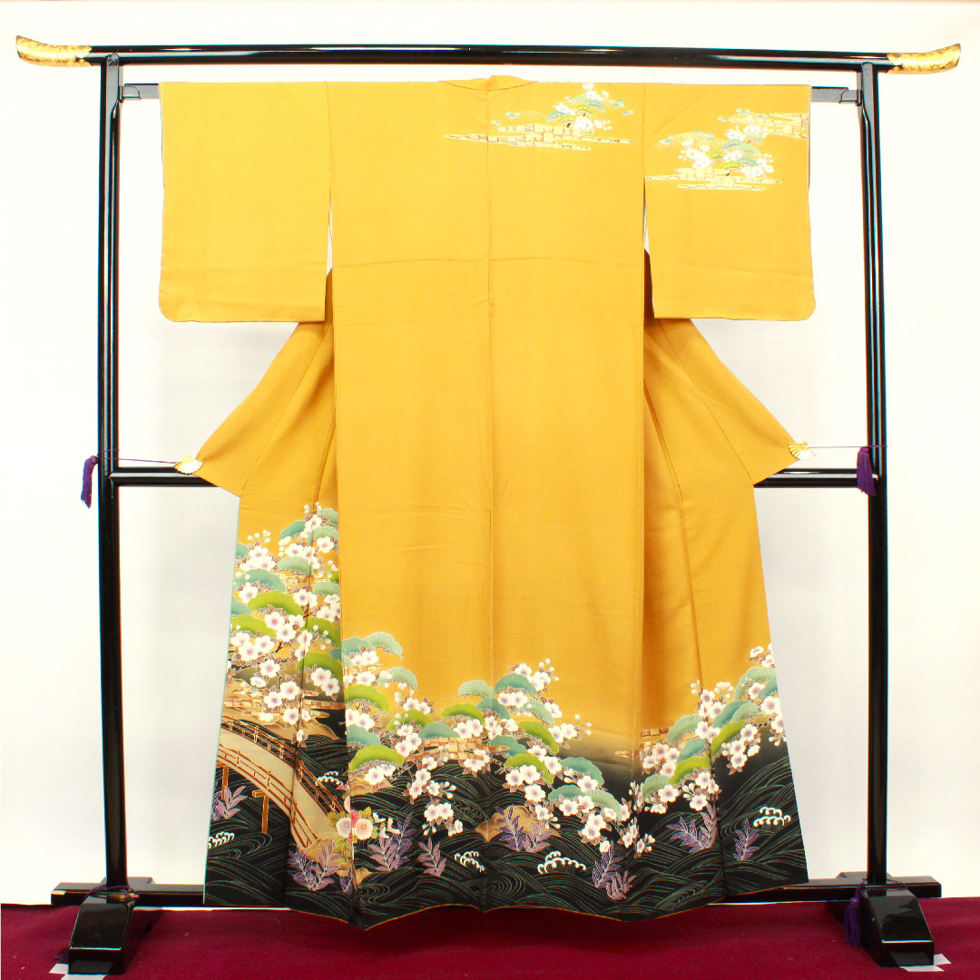 訪問着 袷 身丈158.5cm 裄丈61.5cm 小麦色 京友禅 桜 正絹 Sランク 黄系 1112002212323