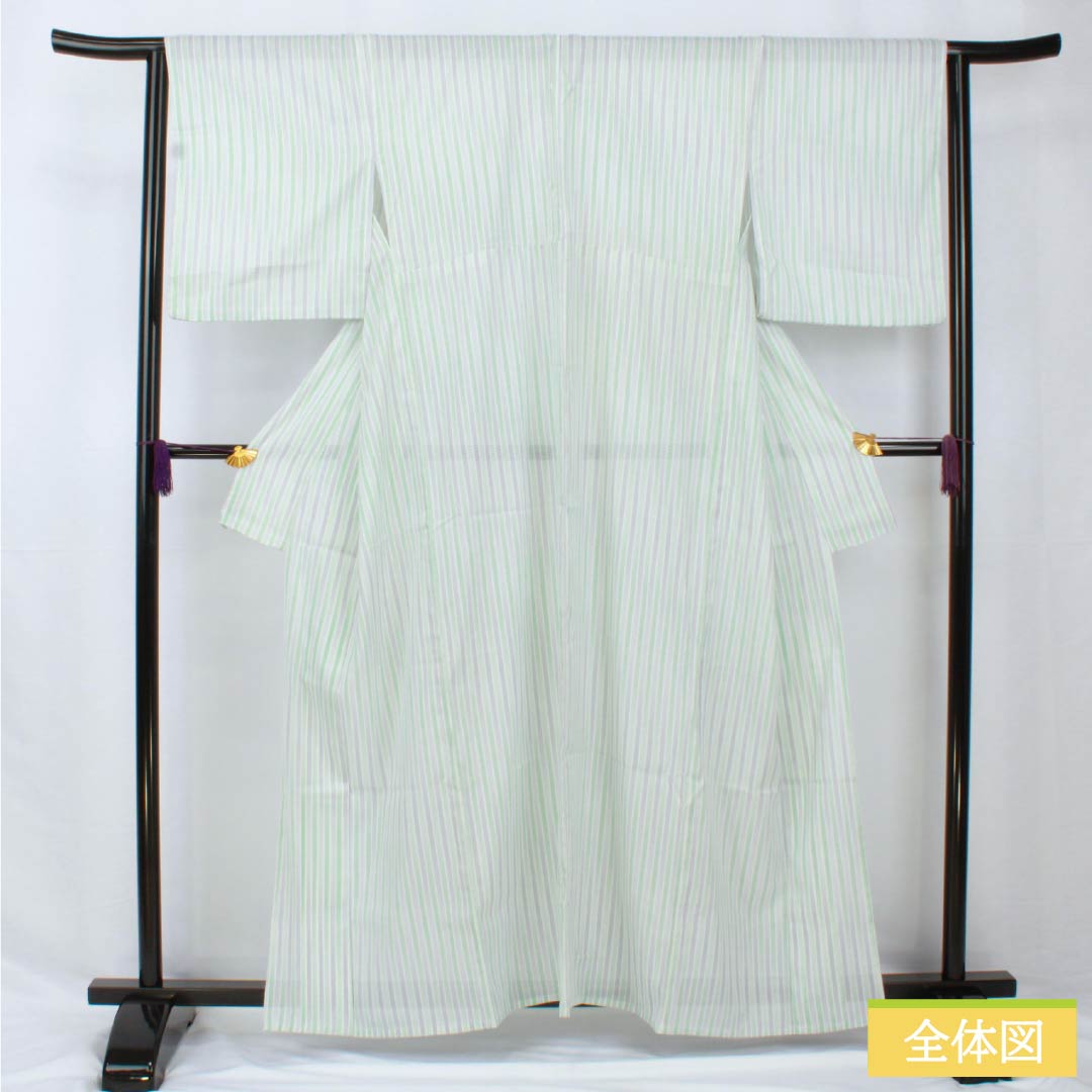 夏物 ポリエステル 小紋 身丈161cm 裄丈64.5cm 縞 洗える着物 絽 Sランク 白系 1132001922411