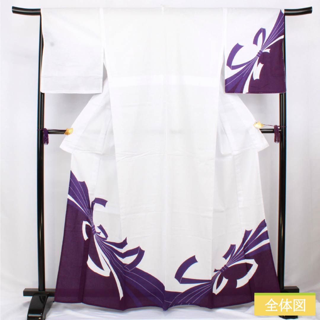 Cotton Yukata, Length 163.5cm, Sleeve Length 67cm, S Rank, Single Layer, White, with Bunsage Noshi (Noshi Wrapping), 1118006482411