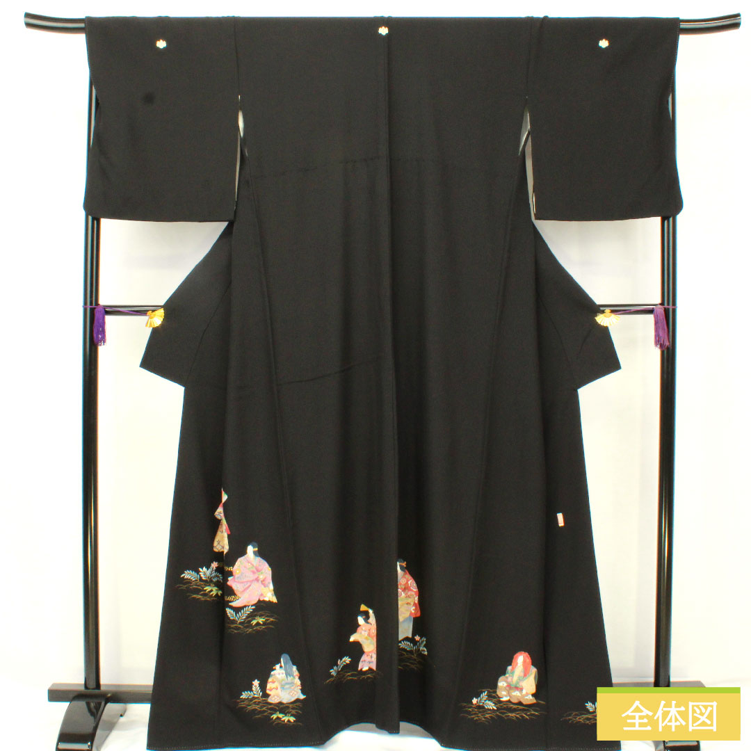 Black formal kimono, pure silk, length 164cm, sleeve length 69cm, lined, by artist, Kyoto yuzen, period figure, five crests, five-three paulownia, A rank, black, 1111001463410