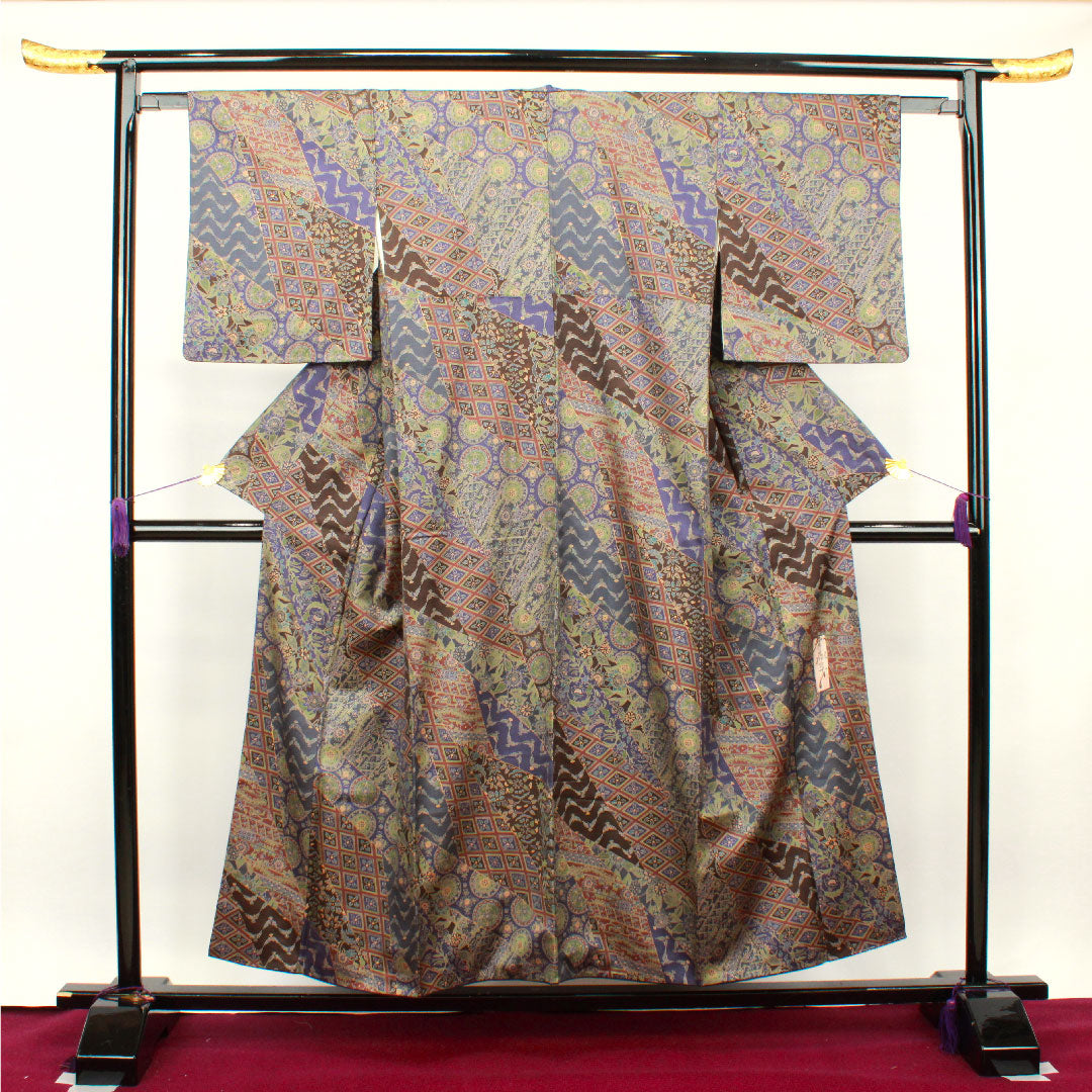 小紋 身丈153cm 裄丈61.5cm 袷  斉藤三才 更紗模様  正絹 Sランク グラデ 1115002892299