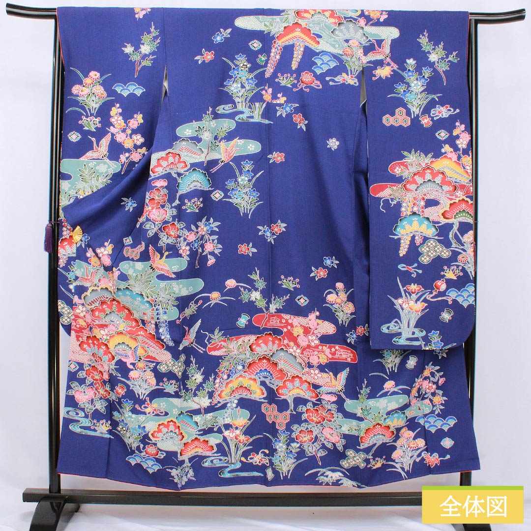 振袖 正絹 Aランク 身丈154.5cm 裄丈65cm 袷 青紫色（あおむらさきいろ） 京紅型 吉祥文様 松 藤 菖蒲 青系 1113002383217