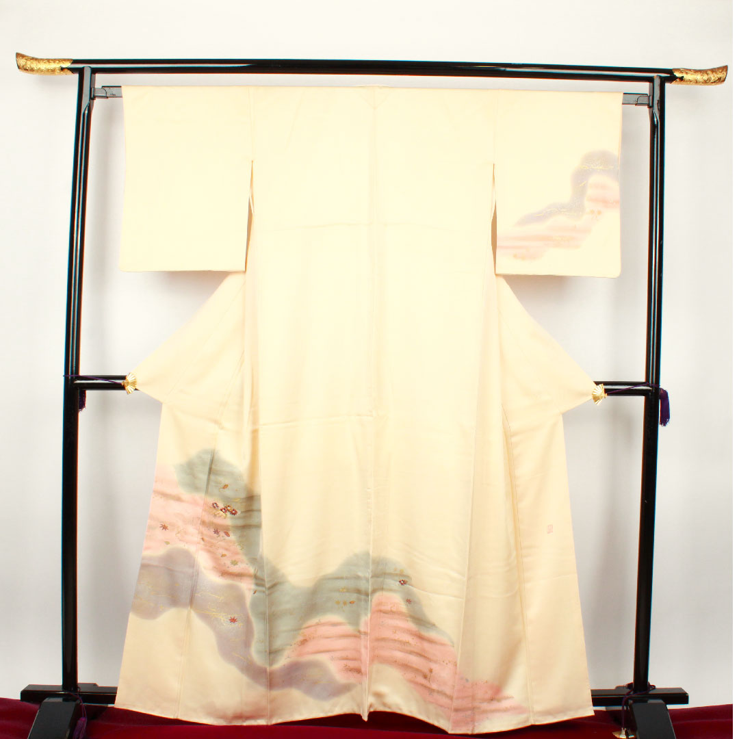 訪問着 袷 身丈162cm 裄丈64cm 肌色 京友禅 刺繡 草花模様 正絹 Bランク クリーム系 1112001614415