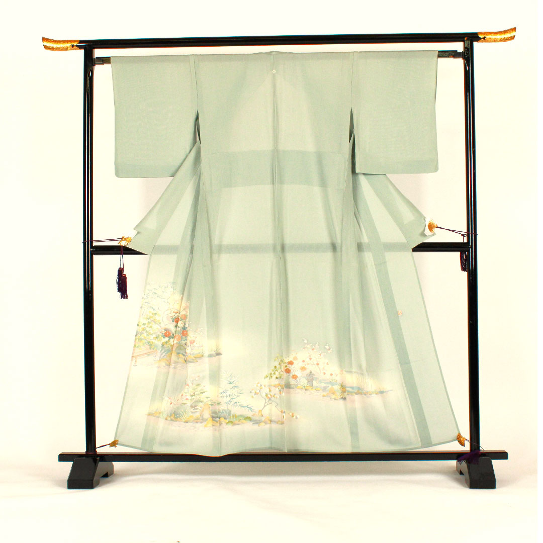 色留袖 身丈156.5cm 裄丈64cm 紗 庭園風景 作家物 正絹 Aランク 一つ紋 緑系 1111000153319