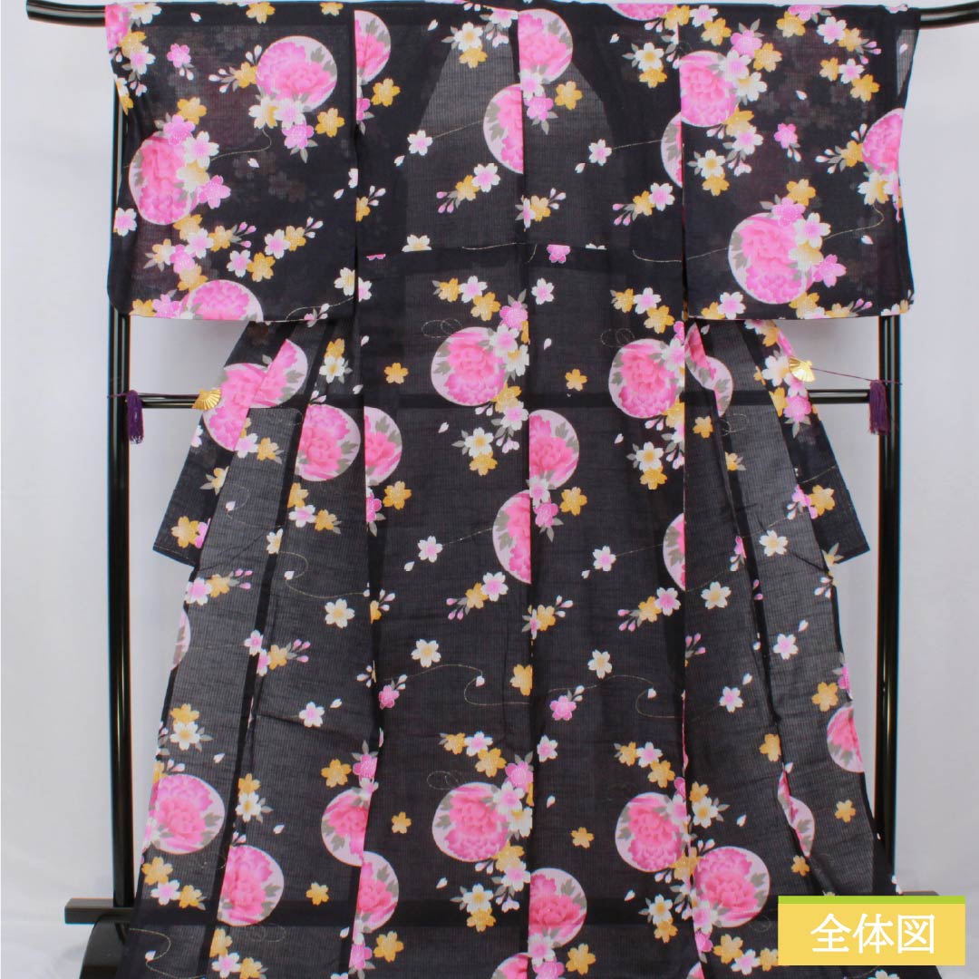 Cotton Yukata, Length 178.5cm, Sleeve Length 69cm, S Rank, Single Layer, Navy Blue/Brown (Kachiiro), Flowers and Cherry Blossoms, 1118006712818