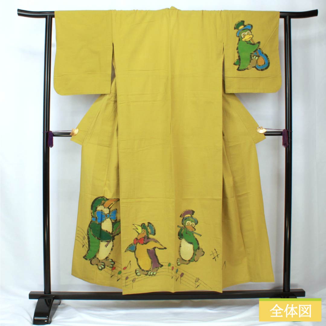 浴衣 木綿 身丈153cm 裄丈62.5cm Aランク 単衣 黄系 浅黄色（あさききいろ） ペンギン 1118005783223