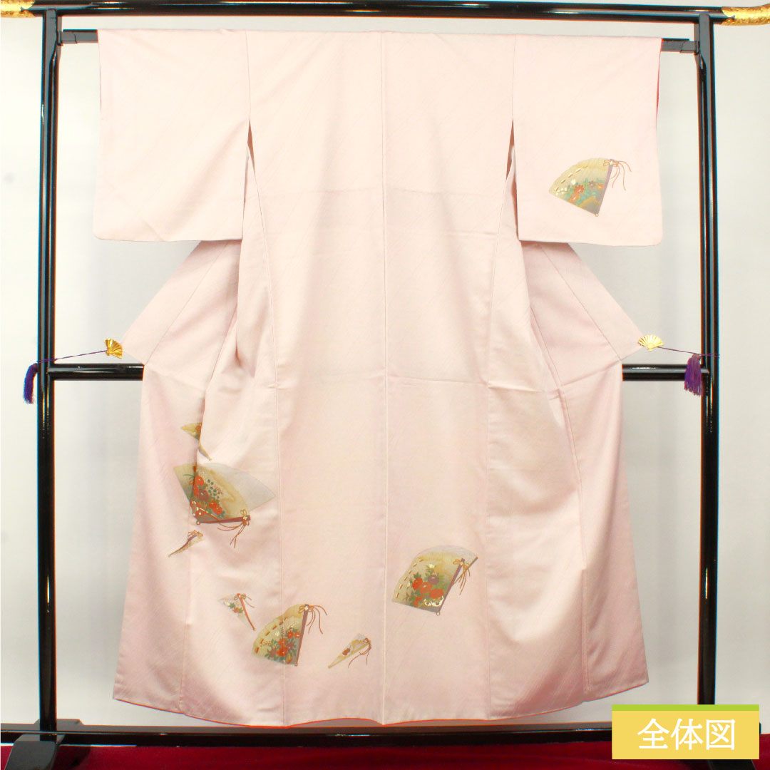 Homongi (formal kimono) made of polyester, lined, length 159cm, sleeve length 63cm, cherry blossom color, washable kimono, fan, half-collar included, S rank, pink, 1112004382313