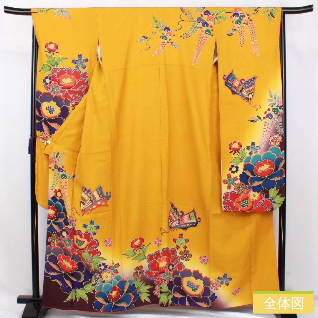 振袖 正絹 Aランク 身丈161.5cm 裄丈66cm 袷 山吹色（やまぶきいろ） 京紅型 宮崎染工 作家物 吉祥文様 牡丹 黄系 1113002513423