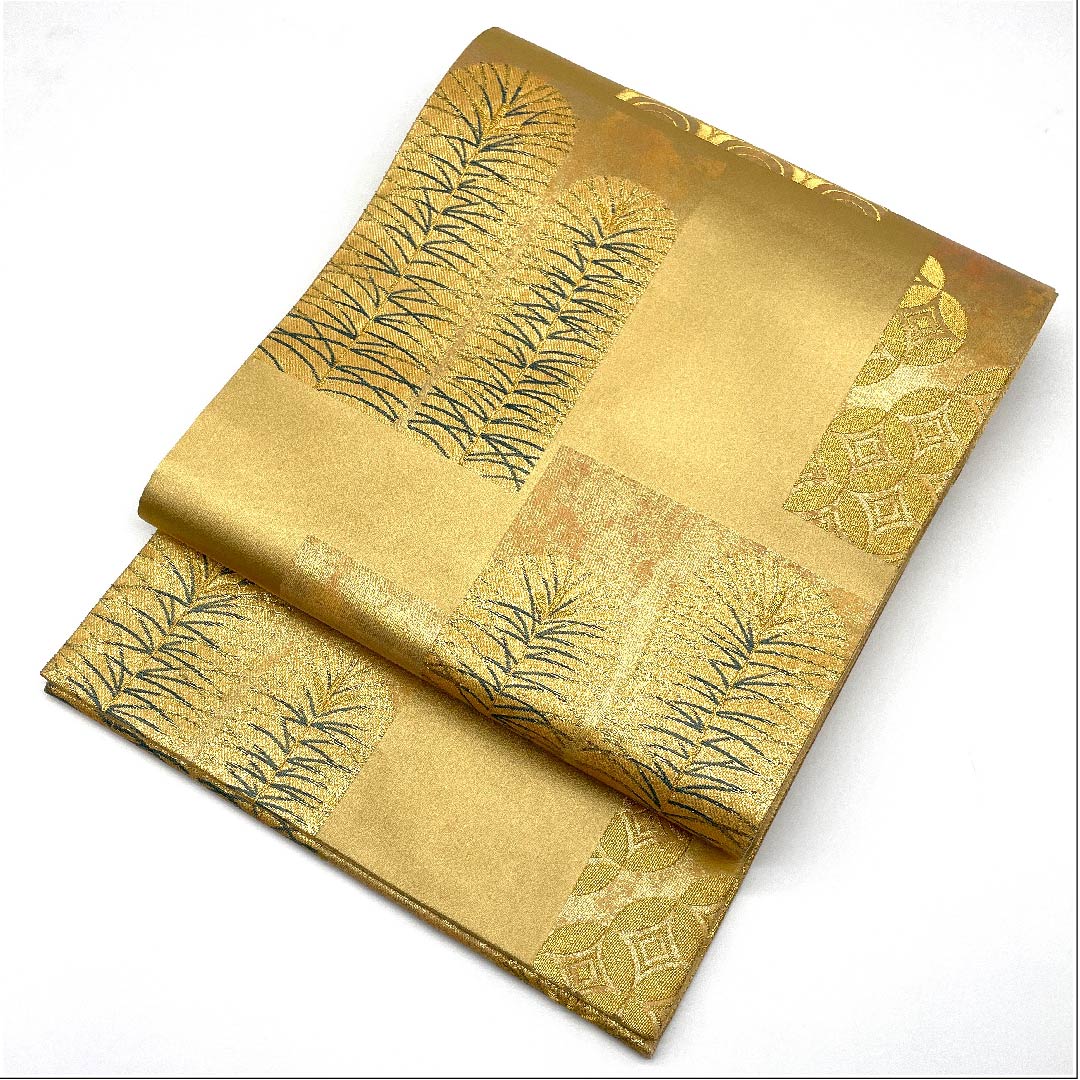 袋帯 金色 松葉 青海波 七宝 帯丈458cm 正絹 Aランク 六通 フォーマル 金系 1123005923421