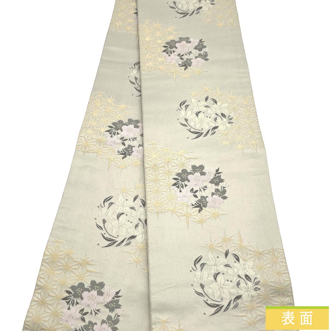 半幅帯 ポリエステル Aランク 絹鼠色（きぬねずいろ） 花 麻の葉模様 リバーシブル 広幅 帯丈400cm グレー系 1125003303422