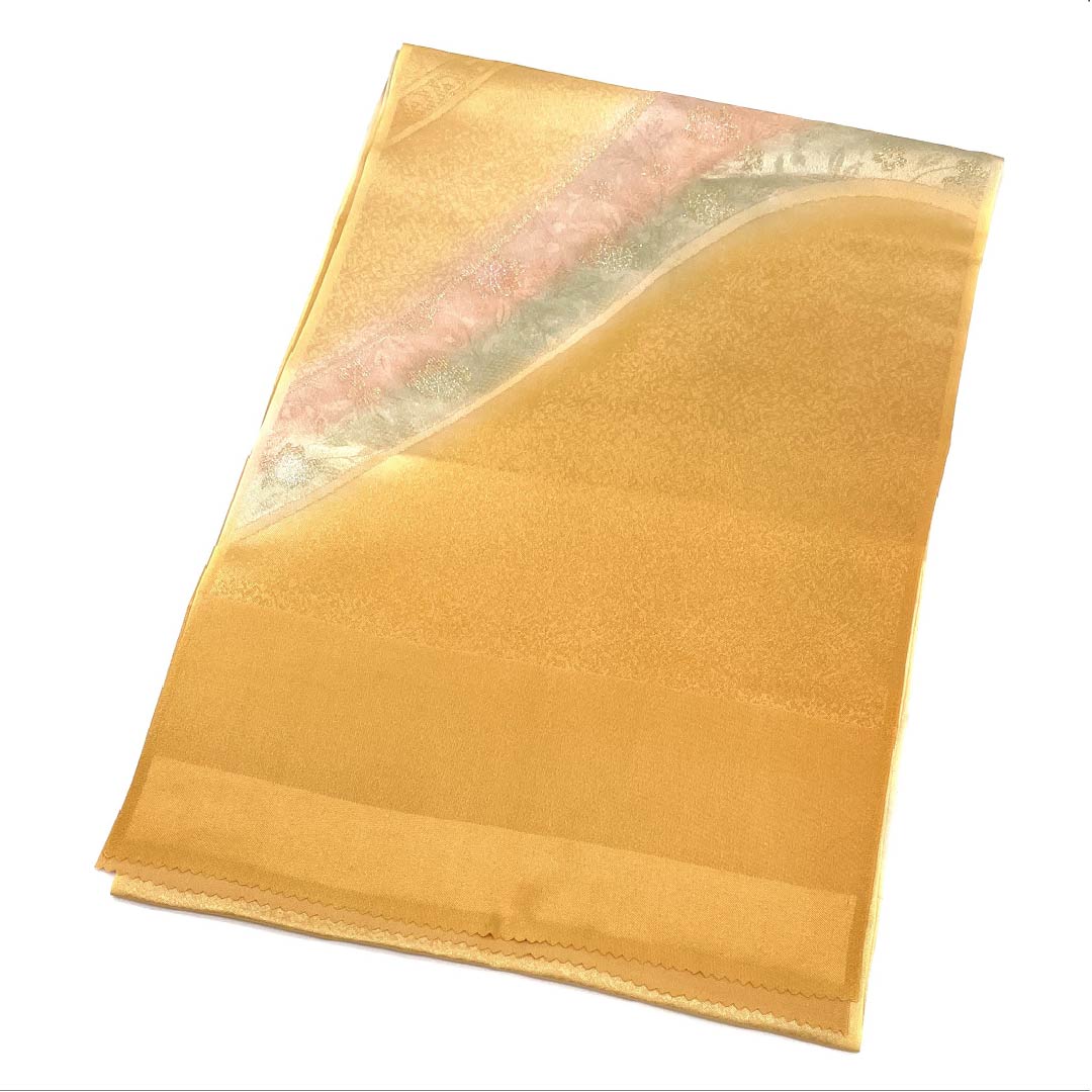 帯揚げ 正絹 Sランク セミフォーマル 小麦色（こむぎいろ） 青海波 桜 草花 長さ約183cm 幅約29cm 橙系 1136004402926