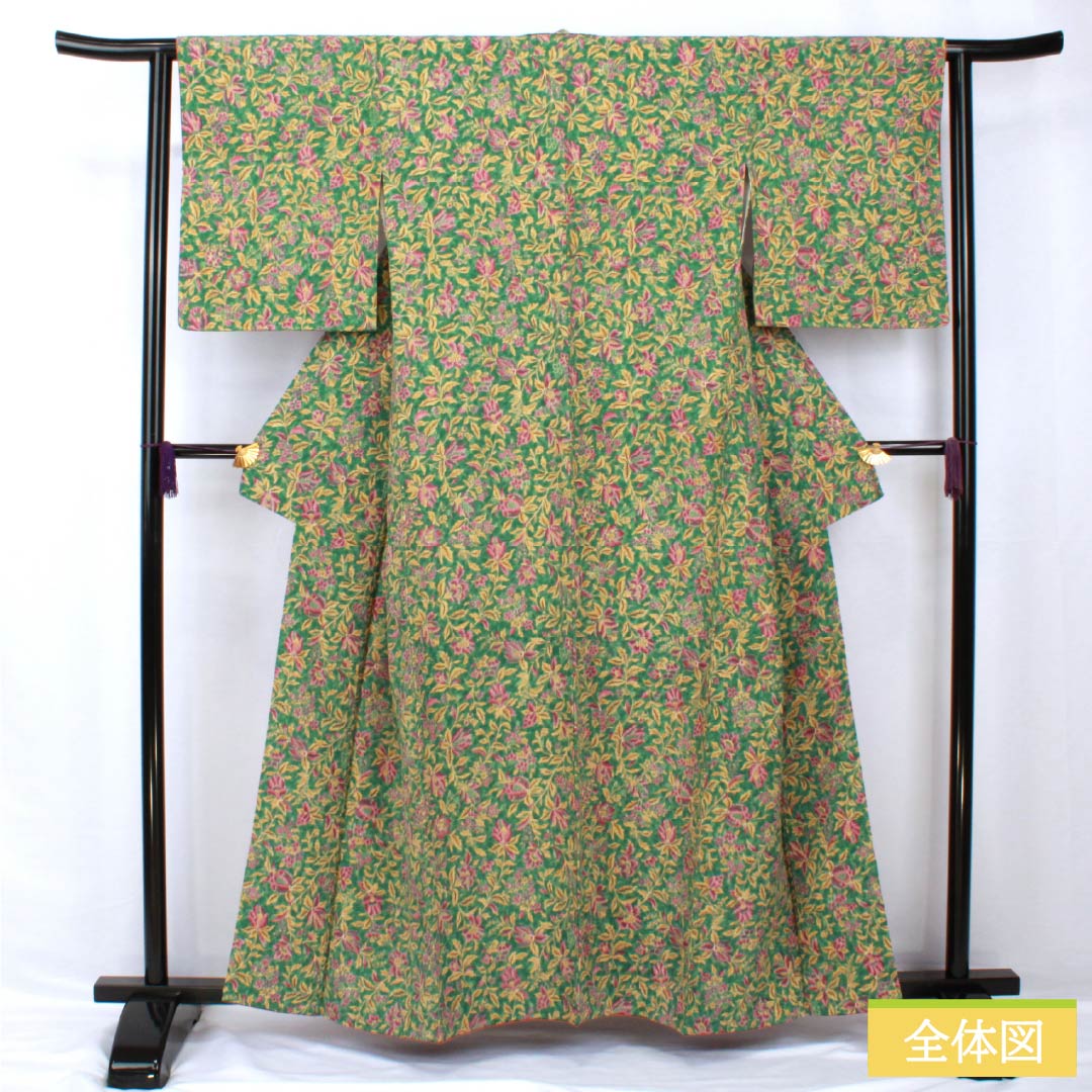小紋 正絹 身丈159cm 裄丈62cm 袷 青銅色（せいどういろ） 型染 総花 Sランク 緑系 1115005362319