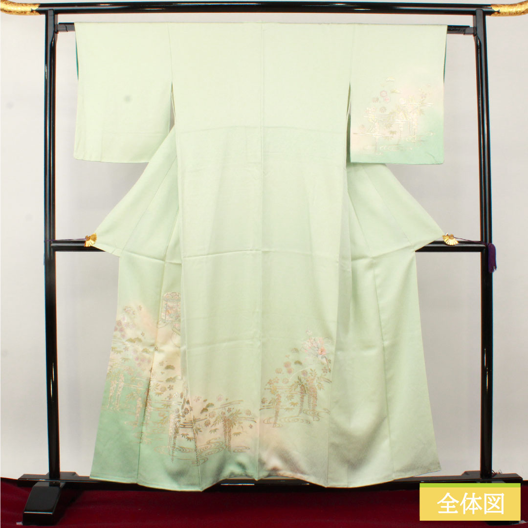 訪問着 正絹 袷 身丈155.5cm 裄丈63.5cm 白緑色（びゃくろくいろ） 金彩友禅 松 藤 貝桶 Sランク 緑系 1112004902319