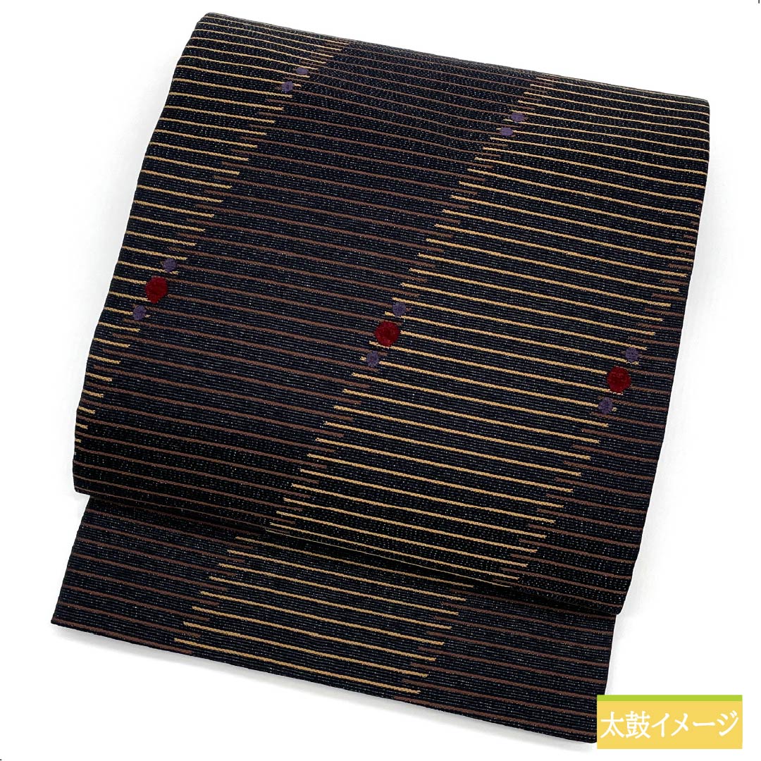 袋帯 正絹 黒色（くろいろ） 横縞 ドット 本金箔 本銀箔 帯丈438cm Sランク 六通 セミフォーマル 黒系 1123012142310