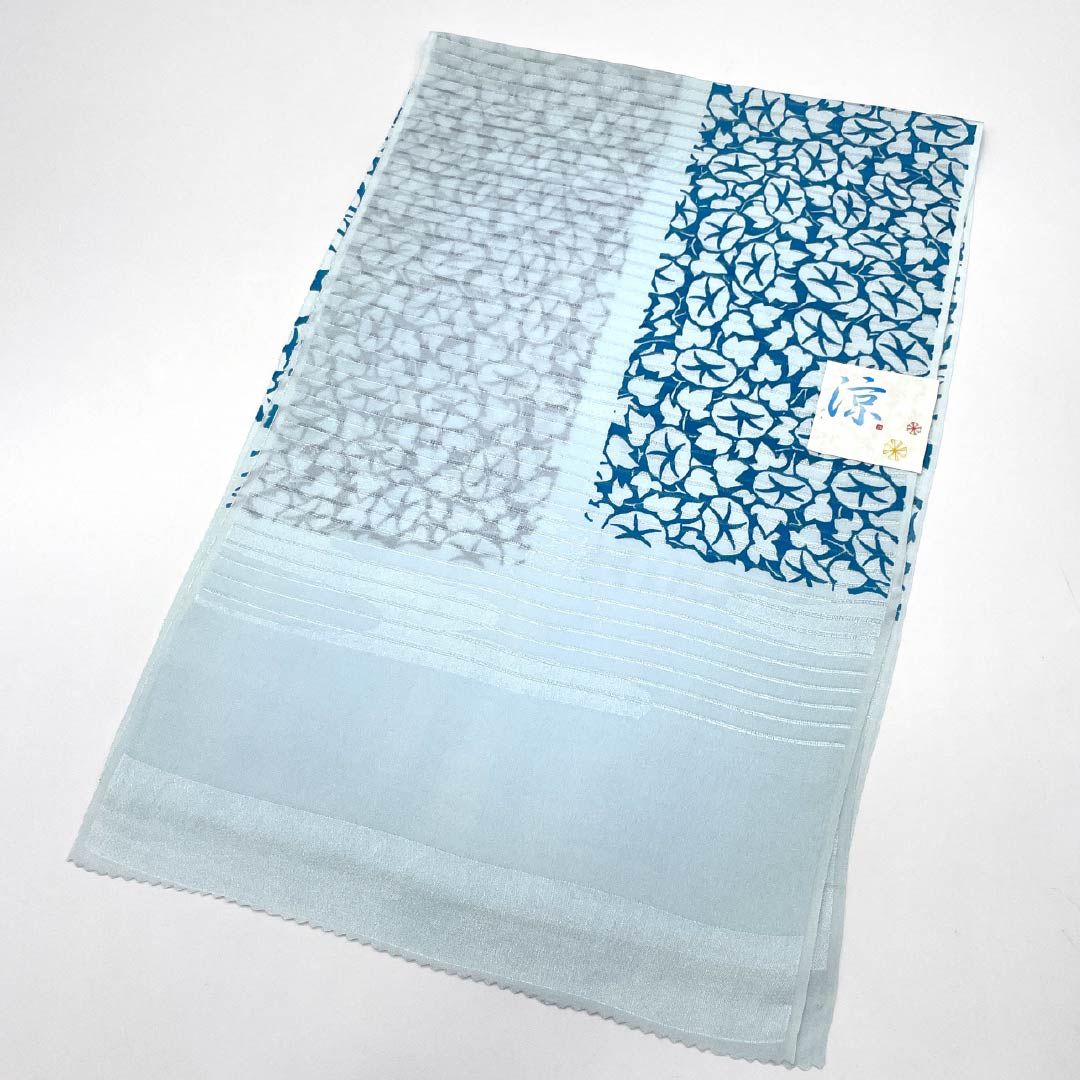 （新品）帯揚げ 正絹 セミフォーマル 藍白色（あいじろいろ） 夏物 朝顔 長さ約174cm 幅約29cm NEWランク 水色系 1136000761924