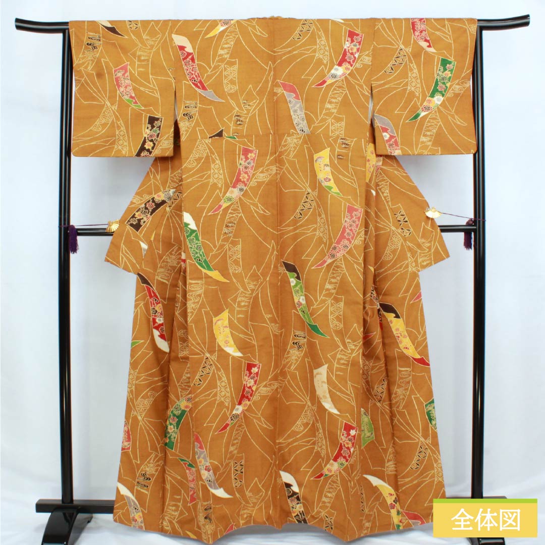 小紋 正絹 Aランク 身丈163.5cm 裄丈64.5cm 袷 金茶色（きんちゃいろ） 京紅型 短冊 紬地 橙系 1115006363426
