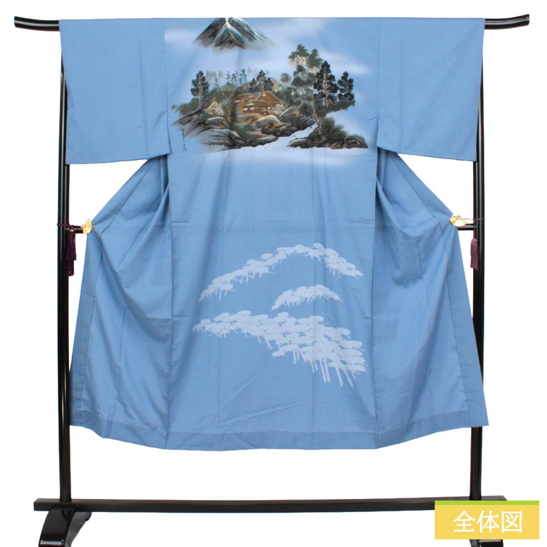 メンズ襦袢 ポリエステル Aランク 身丈142cm 裄丈69cm 朧花色（おぼろはないろ） 風景画 単衣 青系 1140000863417