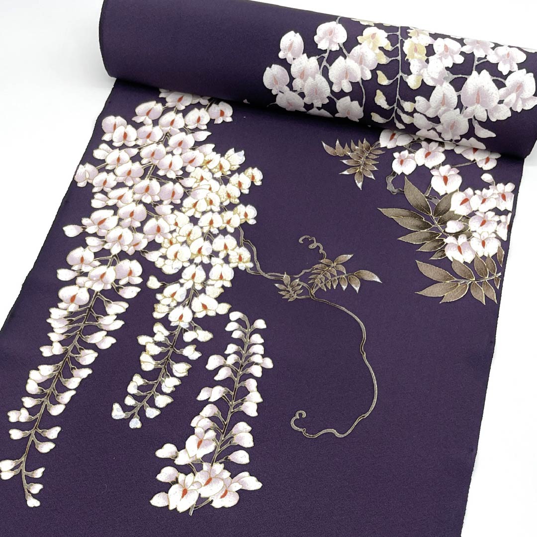 反物 小紋 正絹 紫黒色（しこくしょく） 丹後ちりめん 下り藤 花柄 NEWランク 紫系 1130001061920