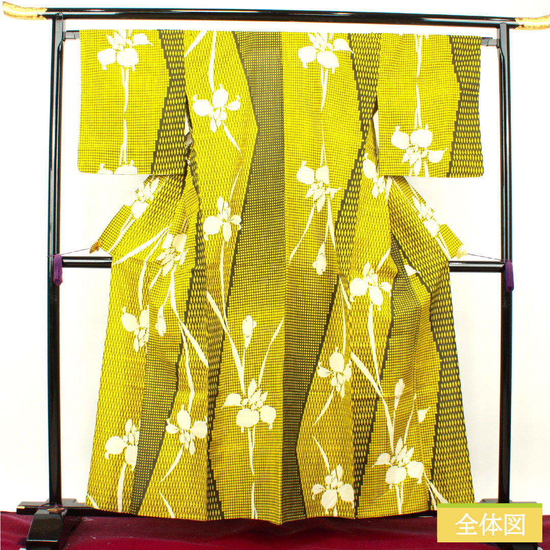 浴衣 木綿 身丈160cm 裄丈67cm Sランク 単衣 黄系 鶸色（ひわいろ） 菖蒲 幾何学模様 1118004792423