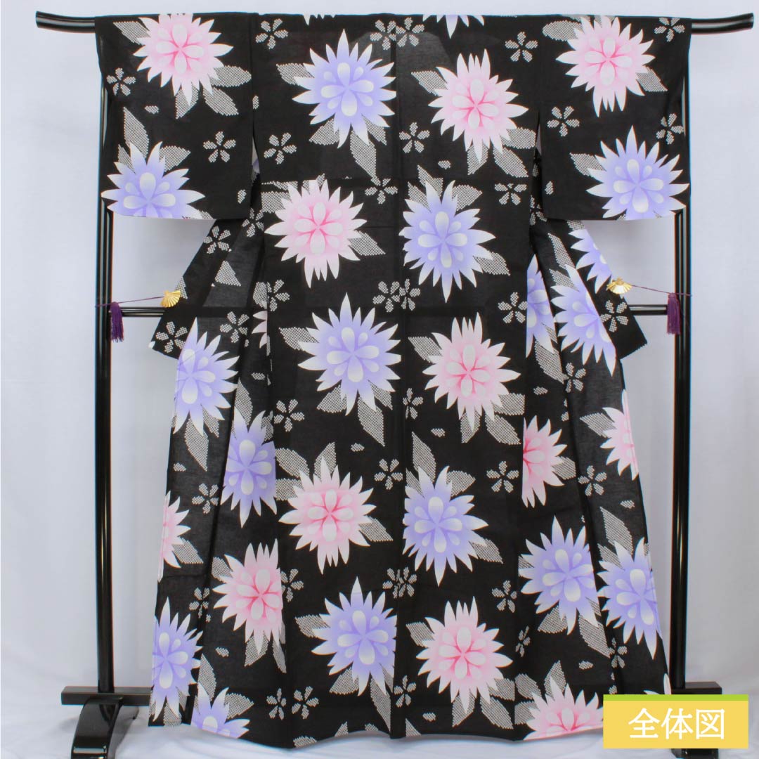 Cotton Yukata, Length 164cm, Sleeve Length 68.5cm, S Rank, Single Layer, Black with Floral Pattern, 1118006562410