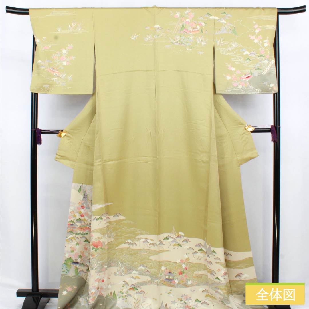 訪問着 正絹 Aランク 袷 身丈171.5cm 裄丈69cm 玉子鼠色（たまごねずいろ） 京友禅 網干 風景模様 黄系 1112006093623