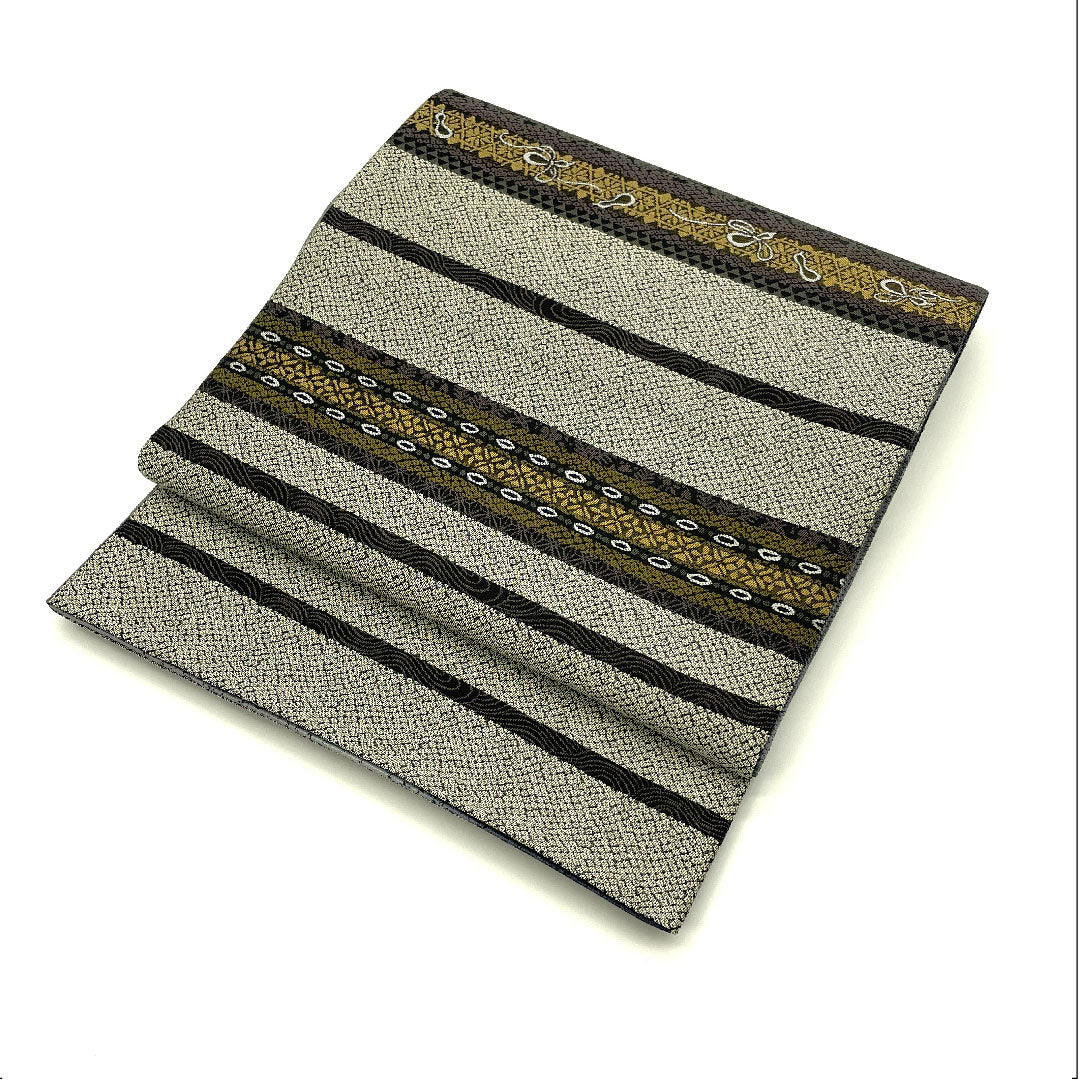 袋帯 両面全通 横段 抽象模様 リバーシブル 帯丈452cm 正絹 Sランク 全通 カジュアル グレー系 1123004592422