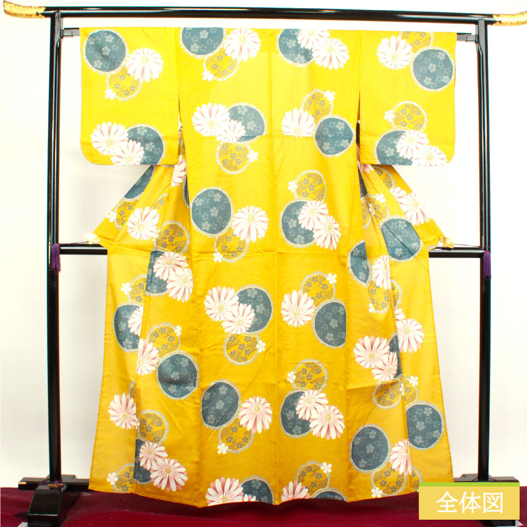 浴衣 木綿 身丈161.5cm 裄丈65cm Sランク 単衣 黄系 櫨色（はじいろ）ガーベラ 桜 撫子 1118004492423