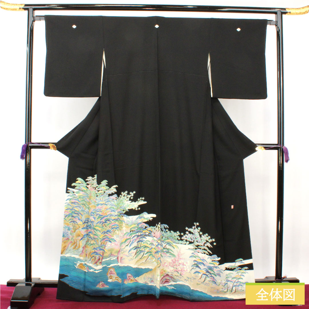 黒留袖 正絹 身丈165cm 裄丈66cm 袷  京加賀 吉祥文様 五つ紋 木瓜 Sランク 五つ紋 黒系 1111001242510