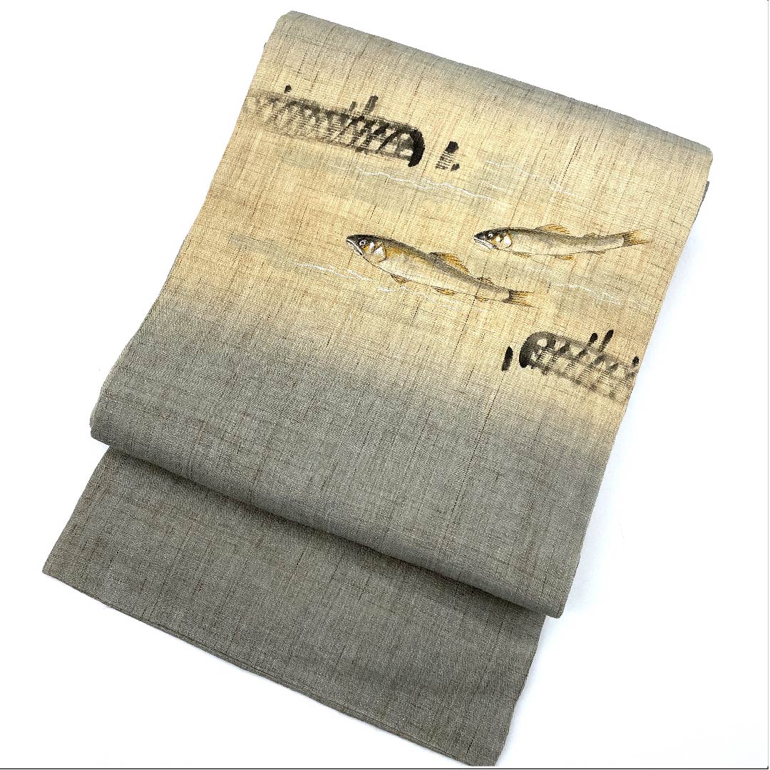 名古屋帯 魚 紬地 作家物 染帯 帯丈367cm 正絹 Aランク ポイント柄 カジュアル グレー系 1124005003322  名古屋仕立て
